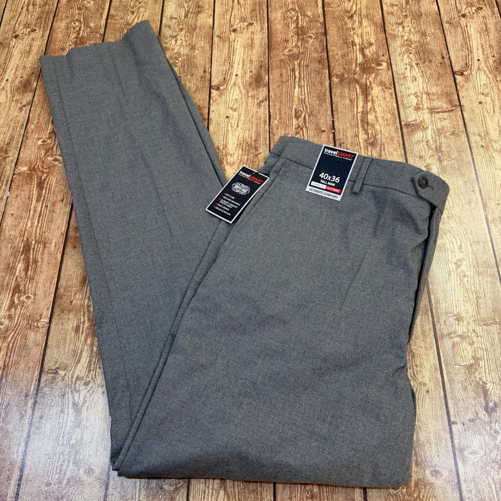 Roundtree & Yorke travelSMART Dress Pants Mens 40x36 Gray Classic Fit Flat Front